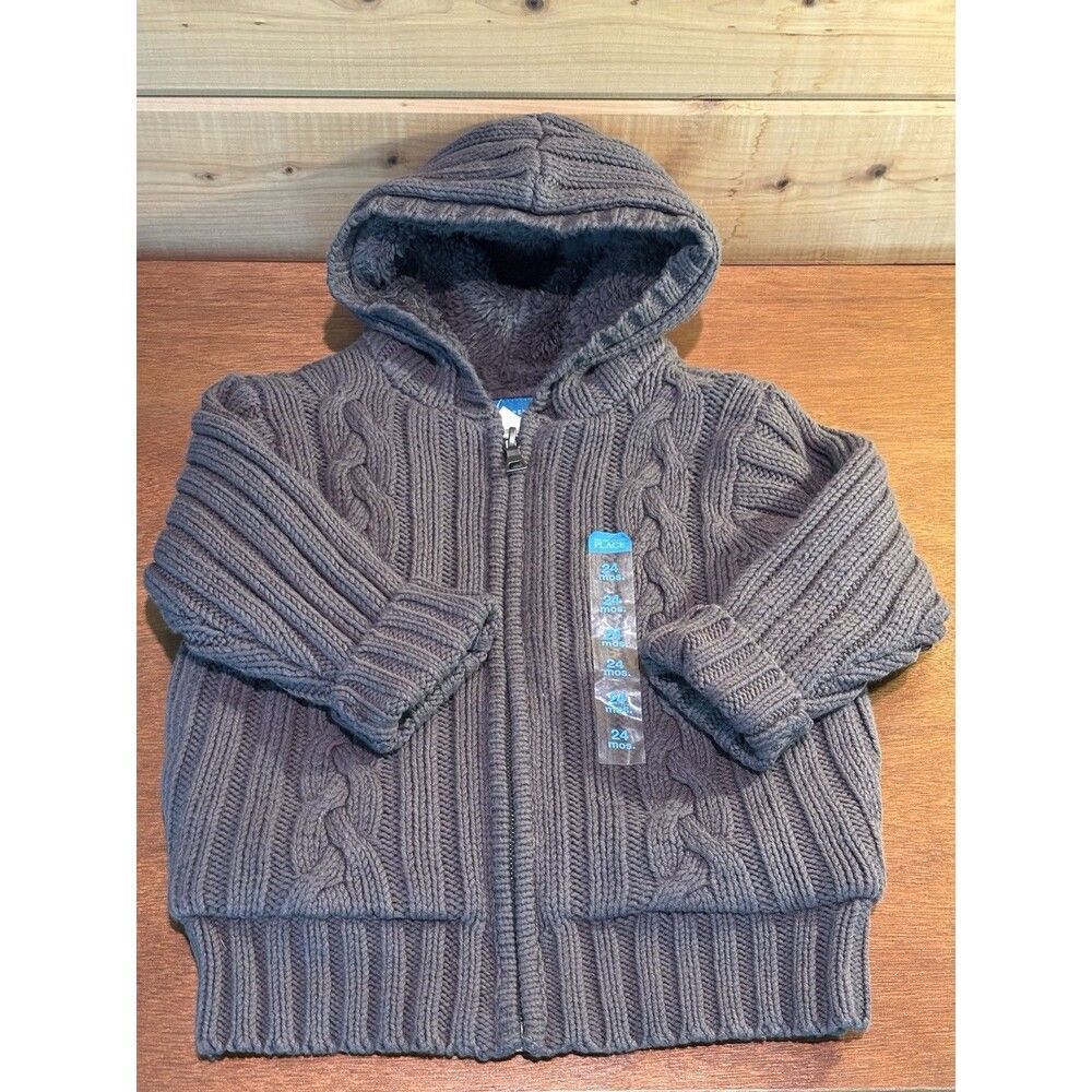 CHILDREN’S PLACE Boy Girl 24 Month Hooded Cable Knit Thick Fleece Lined Gray New
